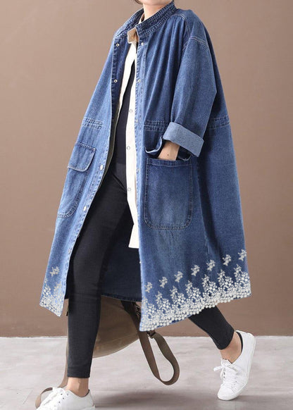 French Denim Blue Box Coat Shape Stand Collar Drawstring Coat