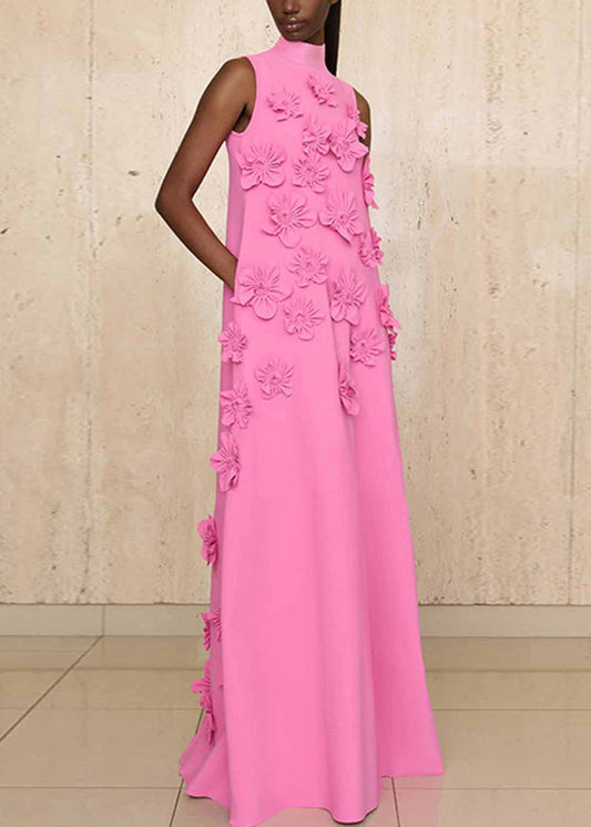 Pink Lace Up Pockets Cotton Long Dress Sleeveless