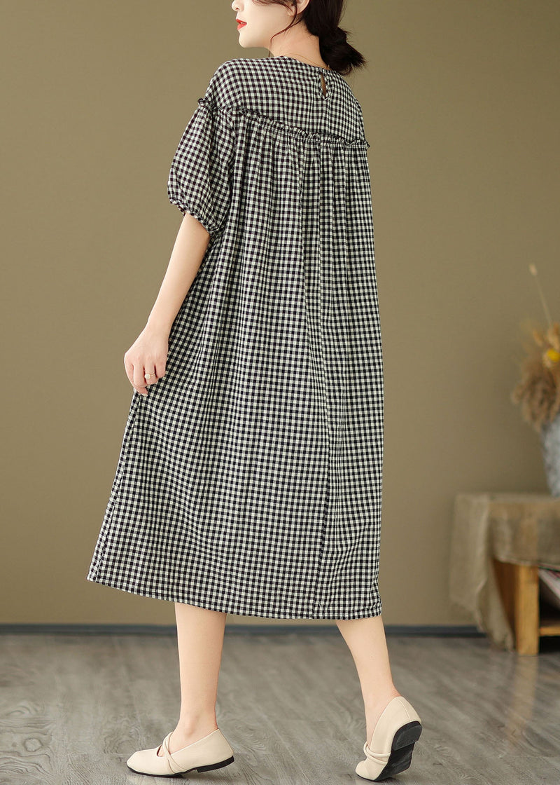 Black O Neck Plaid Ruffled Patchwork Cotton Dress Summer