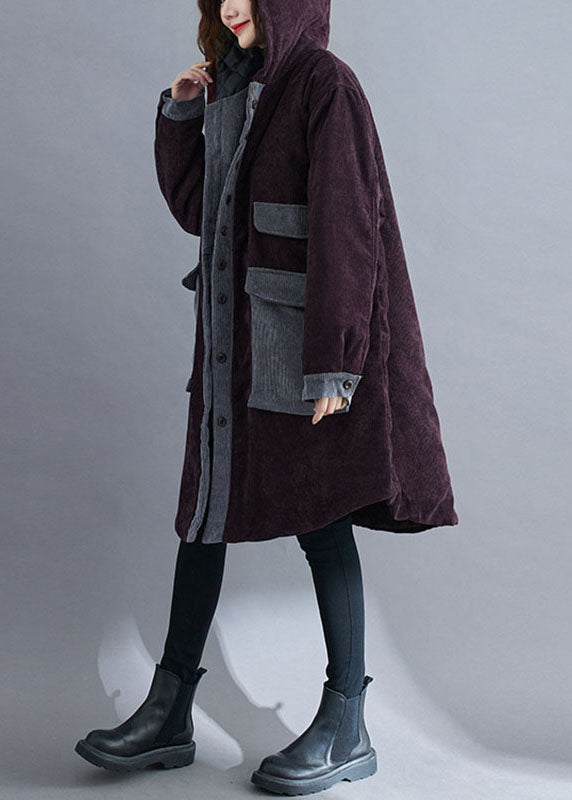 Red Hooded Button Corduroy Winter Cotton Long Coat Sleeve