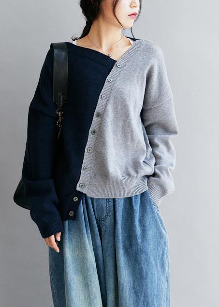 Blue Clothes V Neck Patchwork Loose Fitting Fall Sweaters