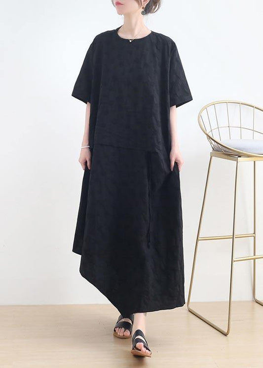 French Black O-neck Cinched Long Summer Linen Dress