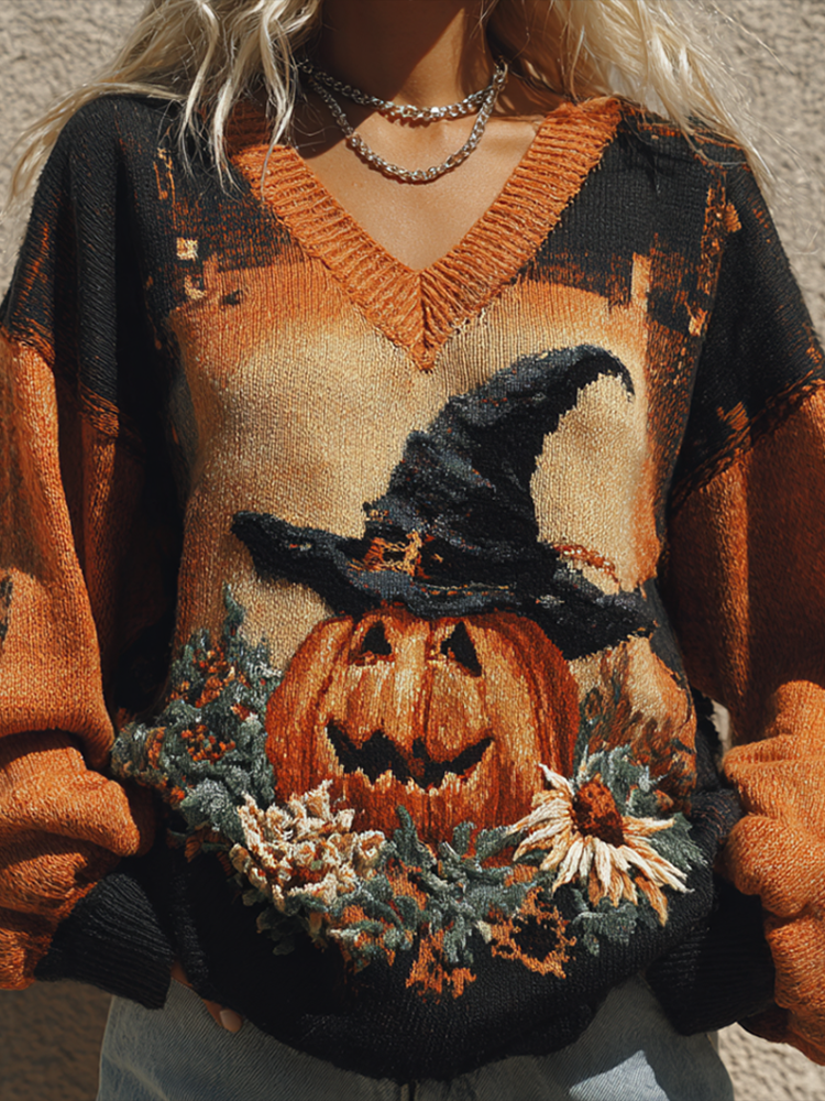 Comstylish Halloween Theme Women's V-neck Knitted Sweater