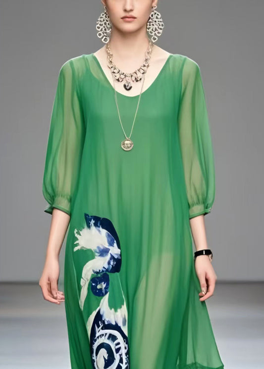 Tea Green Oversized Print Chiffon Beach Dress Summer