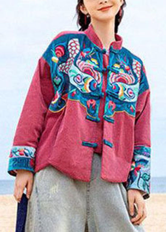 Unique Red Button Stand Collar Embroideried Corduroy Coat