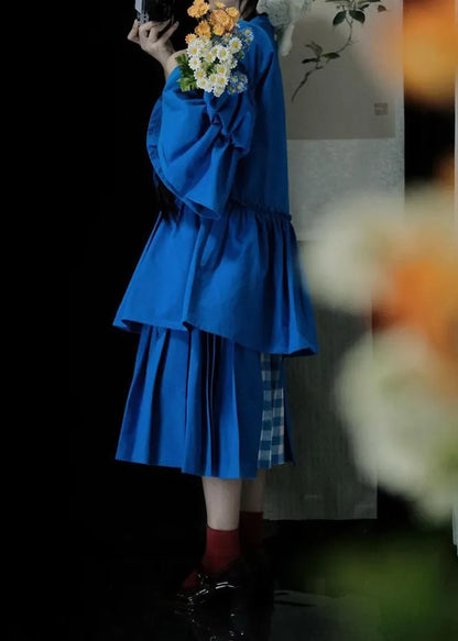 Classy Blue Square Collar Wrinkled Button Top and Skirts Two Pieces Set Spring