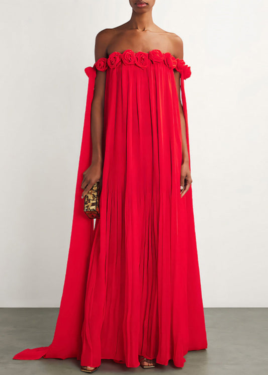 Red Slash Neck Wrinkled Cotton Maxi Dresses Summer
