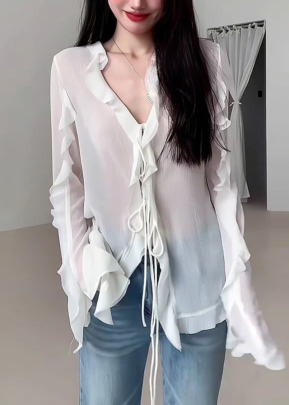 Natural White V Neck Ruffled Chiffon Shirt Fall