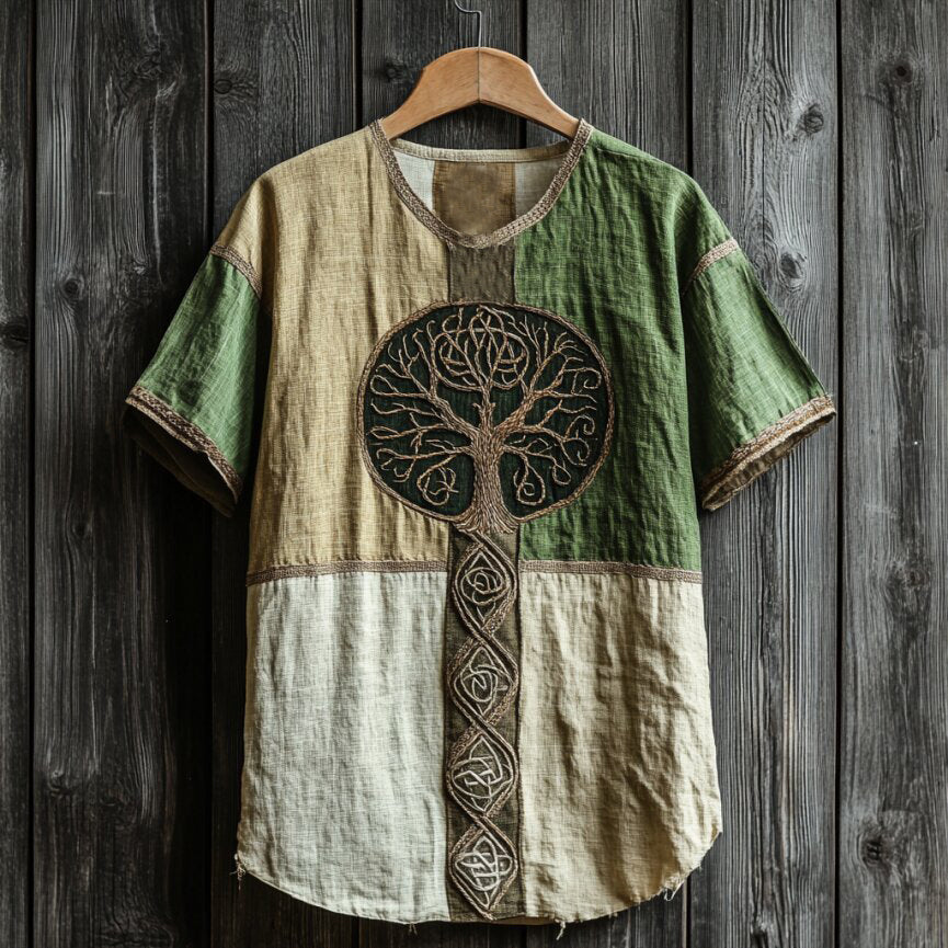 Men's Viking Celtic Tree Of Life Art Patchwork Linen T-shirt elevenforest