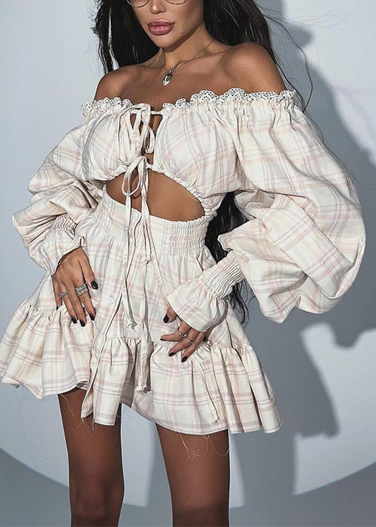 Apricot Plaid Cold Shoulder Cotton Tea Dress Summer