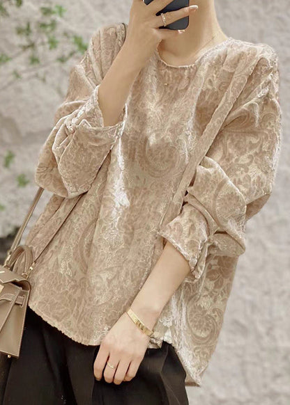 Jacquard Khaki O Neck Silk Velour Shirt Fall