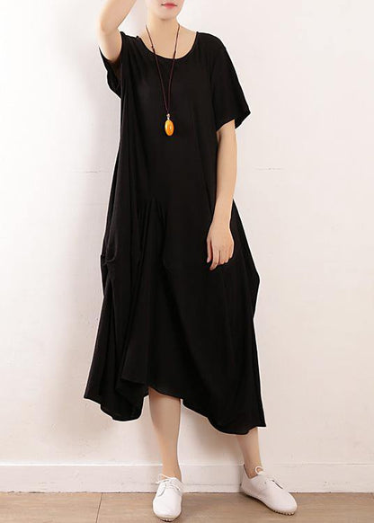 French Black Linen Quilting Dresses Fitted Sleeve Big Hem a Line Summer Dress