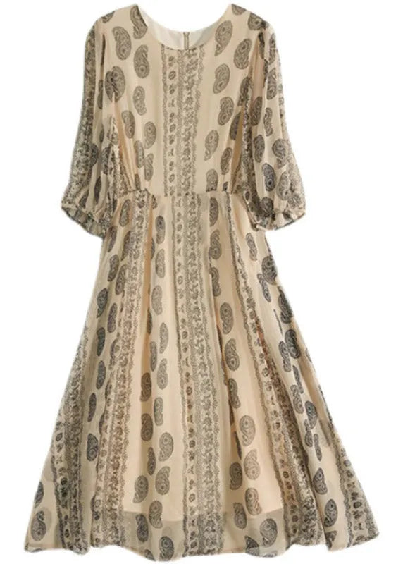 O-neck Print Patchwork Zippered Silk Long Dresses Half Sleeve