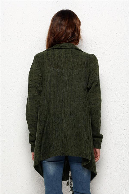Tassel Asymmetrical Hem Shawl Speckled Fringe Cardigan - Green