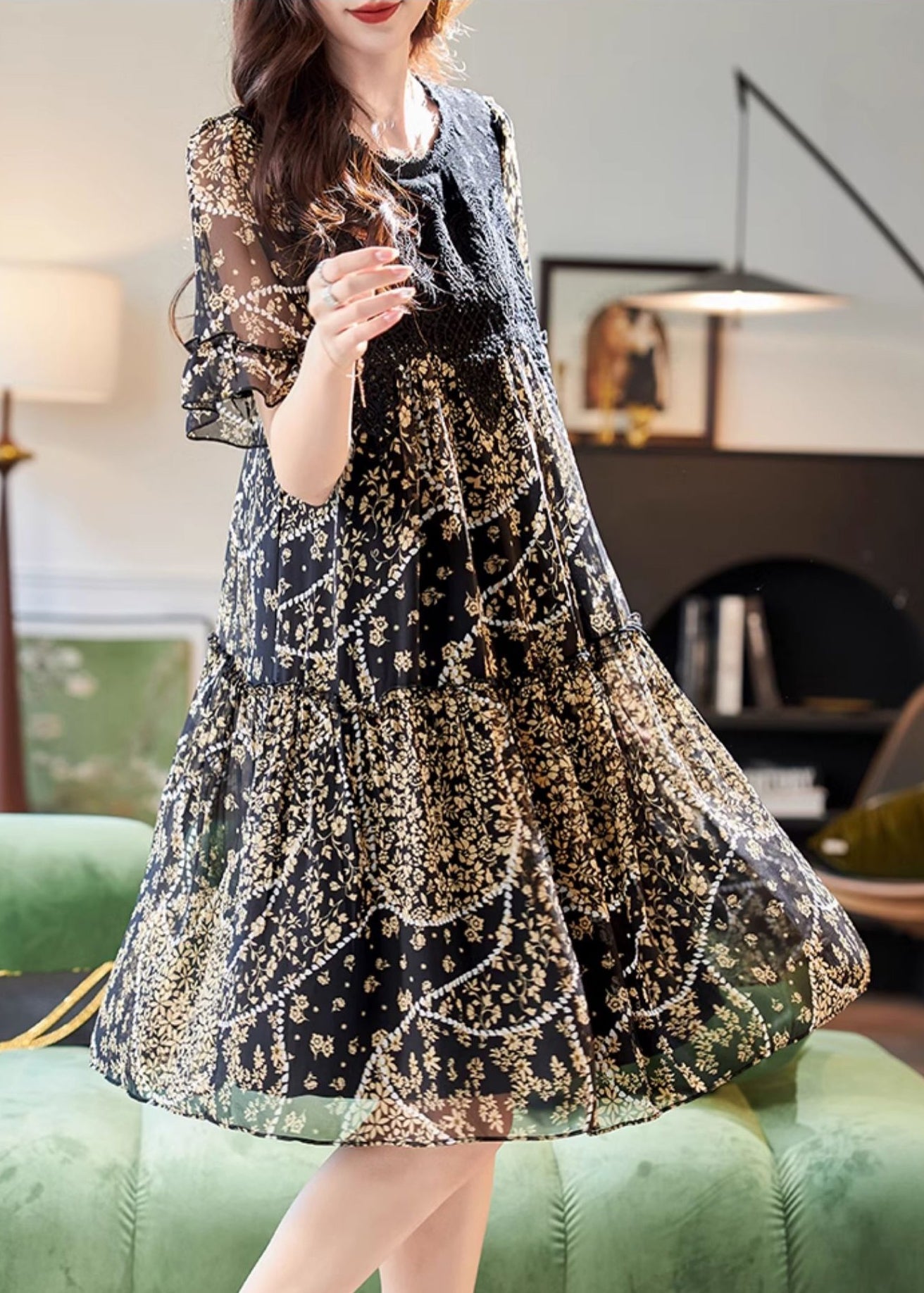 French Black O-neck Print Long Dress Short Sleeve