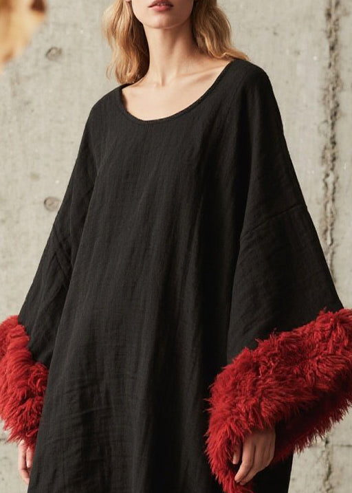 Black Oversized Patchwork Faux Fur Ankle Dress Fall