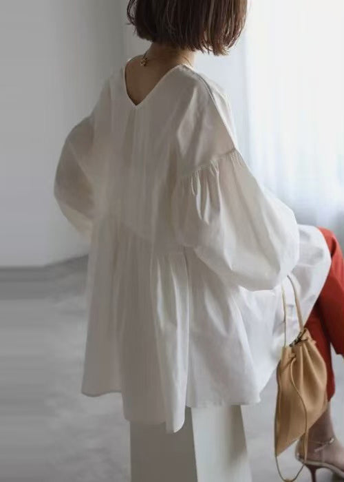 Art White Wear on Both Sides Cotton Shirt Top Lantern Sleeve