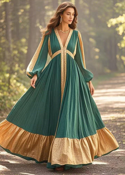Blackish Green V Neck Patchwork Exra Large Hem Cotton Vestidos Dress Spring