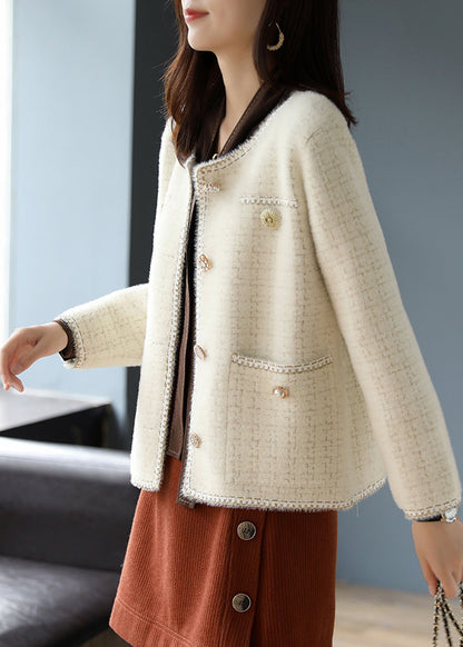 Beige O-neck Plaid Cotton Coats Spring