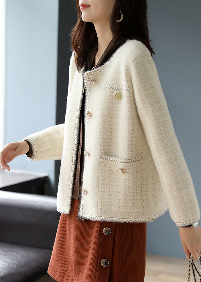 Beige O-neck Plaid Cotton Coats Spring