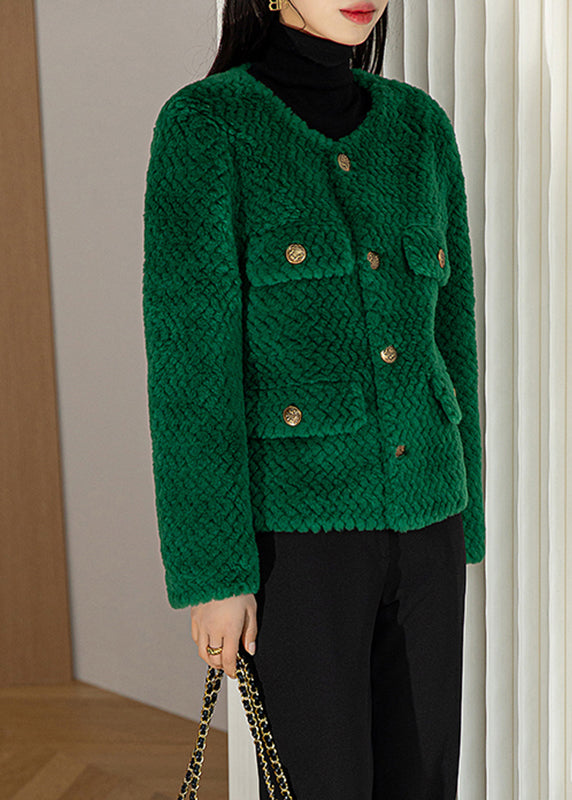 Green O-neck Button Woolen Coat Long Sleeve