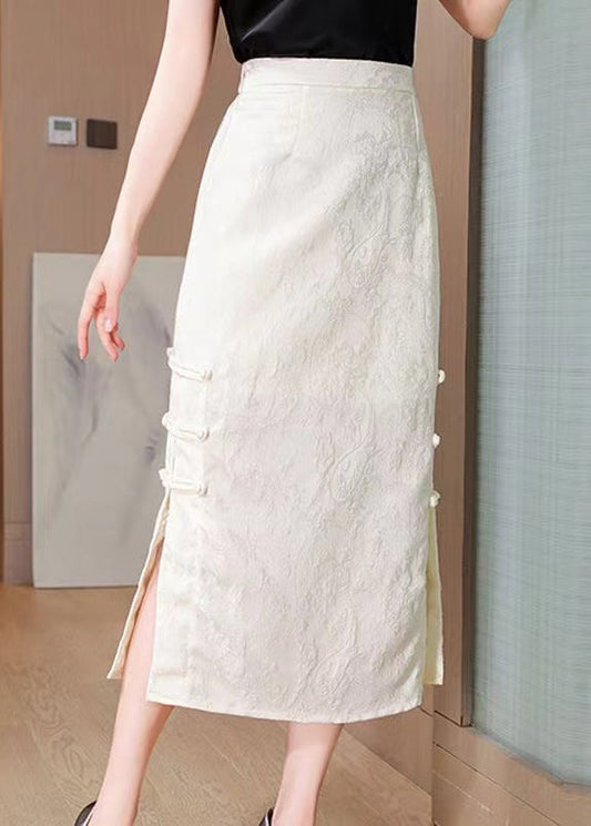 Apricot Jacquard Chinese Button Side Open Silk Skirts Spring