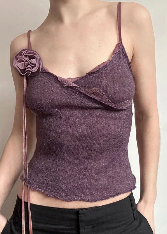 Slim Fit Purple Lace Knitting Cotton Spaghetti Strap Vest Sleeveless