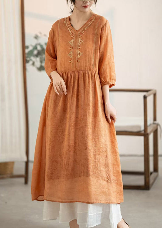 Orange Embroidered Patchwork Linen Dresses Summer