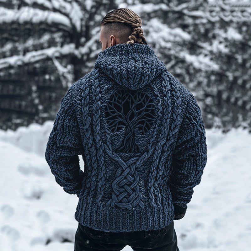 Men's Viking Tribal Tree Of Life Celtic Chunky Knit Hooded Sweater artswardrobe