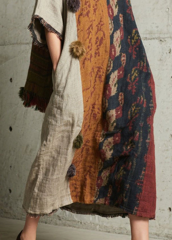Oversized Patchwork Fuzzy Ball Decorated Dress Half Sleeve