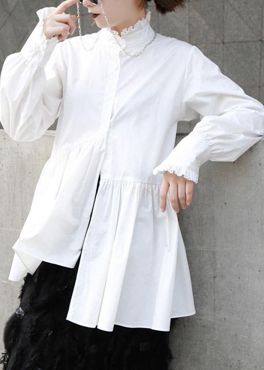 Natural White Cotton Clothes for Ruffles Stand Collar Loose Summer Blouse