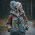 Women's Vintage Colorful Viking Tree Of Life Chunky Knit Zip-up Hooded Sweater artswardrobe
