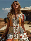 Bohemian Floral Pattern Multi-colored Patchwork Three-dimensional Embroidery Vintage Color V-neck Short-sleeved Long Dress elevenforest