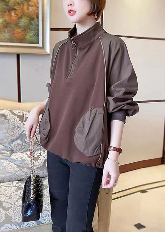 Coffee Zip Up Pockets Patchwork Cotton Sweatshirts Fall