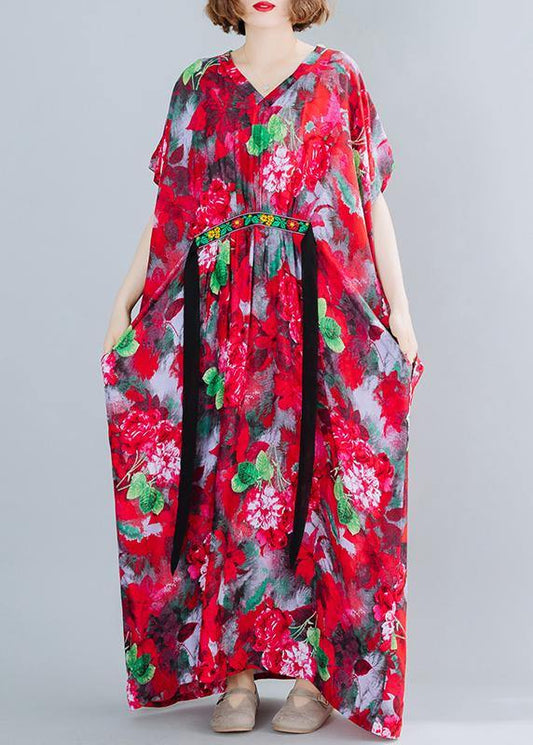 Classy V Neck Tie Waist Summer Tutorials Red Print Art Dress