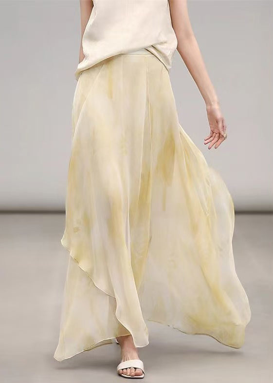 Yellow Print High Waist Chiffon Maxi Skirts Summer
