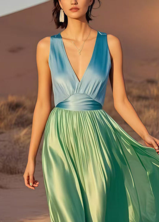 Colorblock V Neck Patchwork Draping Silk Maxi Dress Summer
