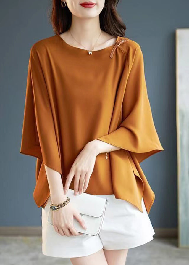 Simple Coffee O-neck Asymmetrical Chiffon T Shirts Summer