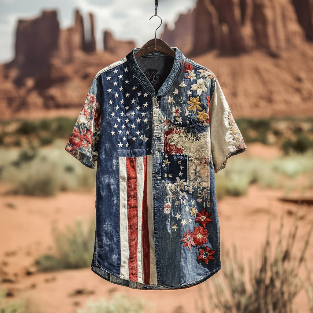 Men's American Flag Independence Day Contrast Patchwork Sun Linen T-shirt elevenforest