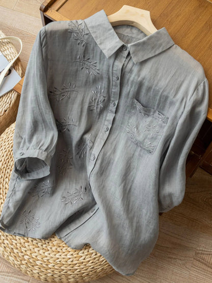 Embroidered 3/4 Sleeve Linen Shirt Top With a Patch Pocket