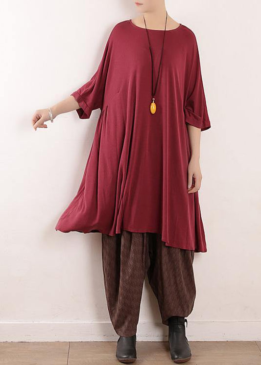 Loose Burgundy Silk Quilting Dresses O Neck Art Summer Dress