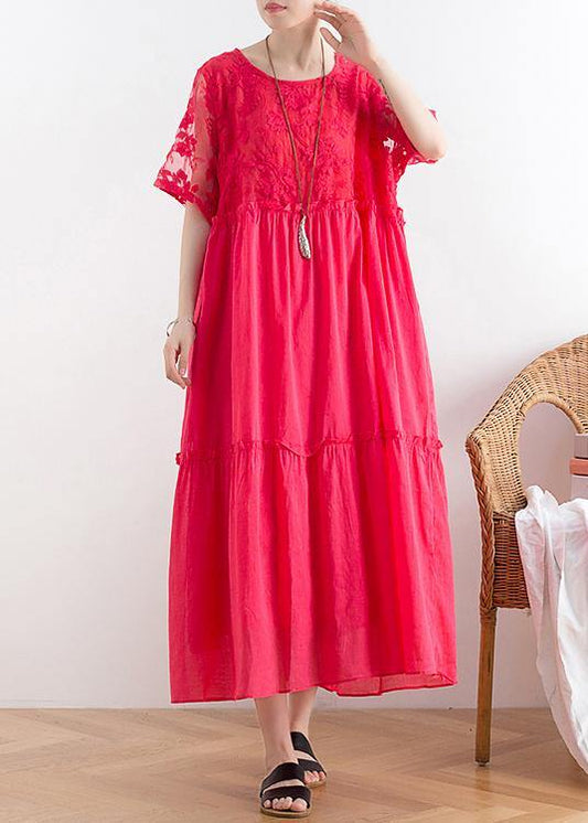 Handmade Organza Patchwork Cotton O Neck Summer Catwalk Red Kaftan Dress