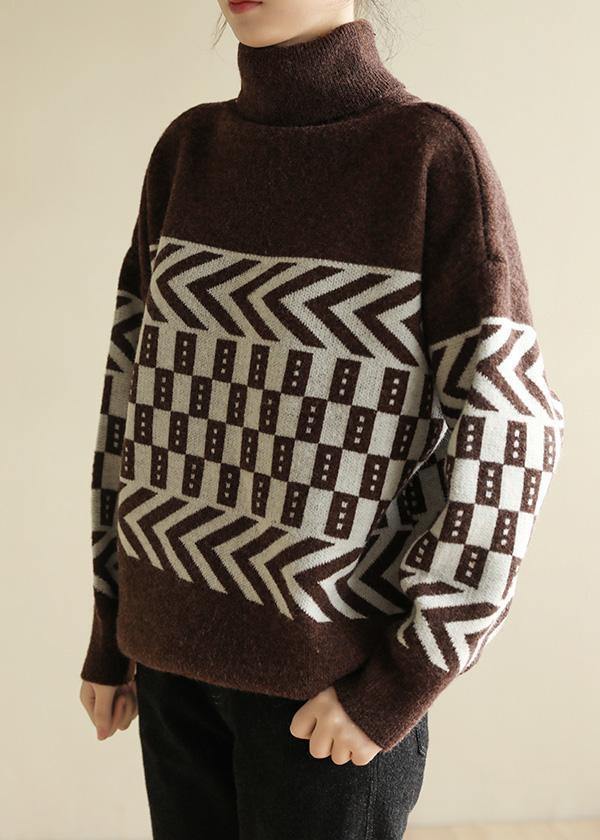 Chocolate Knitted Pullover Patchwork Loose Fitting High Neck Sweaters
