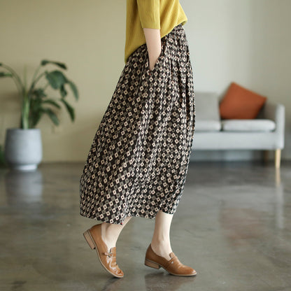 Cozy Loose Retro Print Cotton Linen A-line Skirt