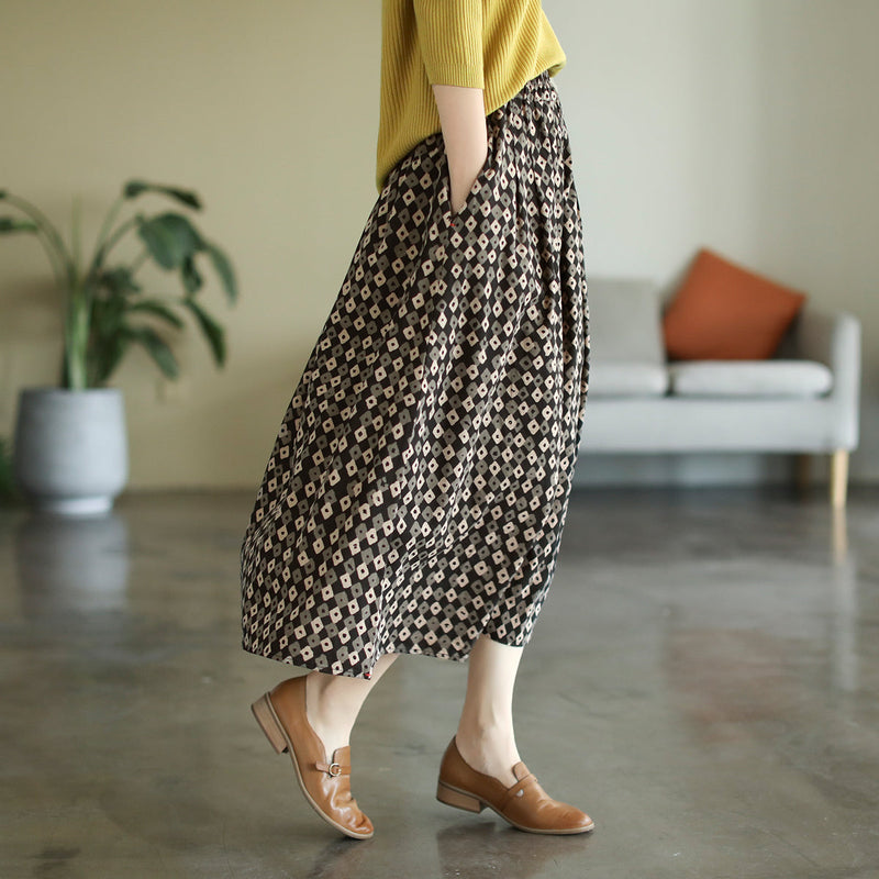 Cozy Loose Retro Print Cotton Linen A-line Skirt