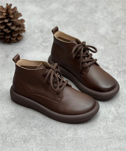 Black Cowhide Leather Flat Boots Lace Up Ankle Boots