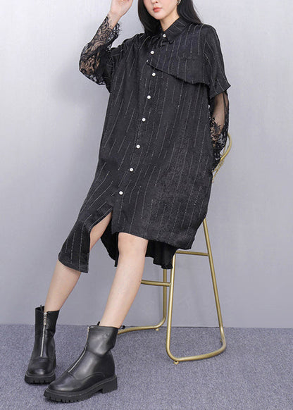 Black Patchwork Lace Striped Shirt Dress Asymmetrical Summer