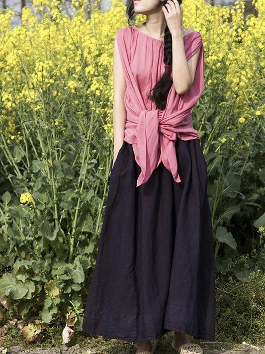 Black Linen Cotton Wardrobes Elastic Waist Pockets Clothing Skirt
