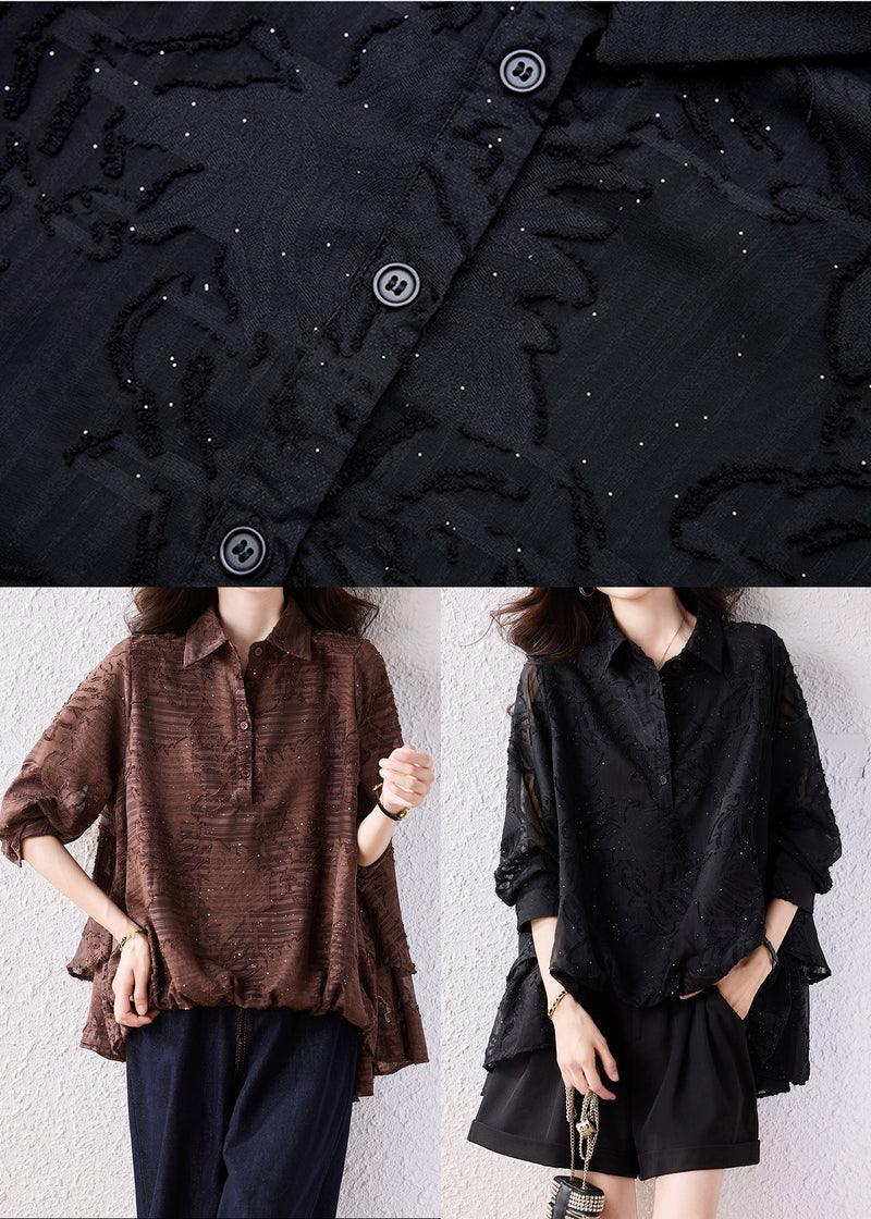 Brown Oversized Jacquard Chiffon Blouse Top Fall