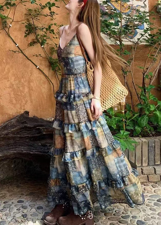 Plaid Print Ruffled Patchwork Cotton Spaghetti Strap Dress Sleeveless